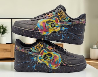 Custom Guitar Black AF1 Sneakers, Hand Painted Black and Colorful Splatter Shoes, Acoustic Guitar Sneakers, Unique Gift for Him Her.