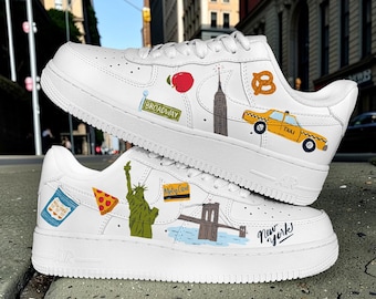 Custom New York City AF1 Sneakers, Hand Painted NYC Icon White Shoes, Statue of Liberty AF1, Empire State Building Sneakers.