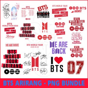 May include: A selection of red, black, and white BTS-themed graphics. Designs include text such as "BTS WORLD TOUR," "ARMY," and "I BTS." There are also signatures, hearts, and the BTS logo. The bottom banner reads "BTS ARIRANG - PNG BUNDLE."