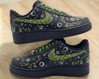 Custom Seaweed and Bubbles AF1 Sneakers, Hand Painted Black and Green Sneakers, Underwater Inspired Shoes, Unique Gift for Him Her.