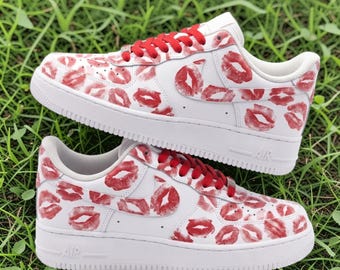 Custom Red Lip AF1 Sneakers, Hand Painted Red Kiss White Shoes, Kiss Mark Sneakers, Cute Valentine’s Day Gift, Unique Gift for Him Her.