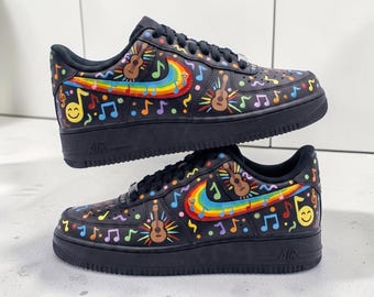Custom Music AF1 Sneakers, Hand Painted Black and Rainbow Shoes, Guitar and Music Notes Sneakers, Unique Gift for Music Lover.