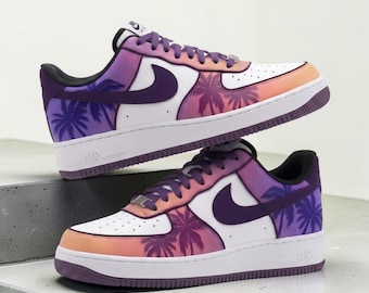 Custom Sunset Palm Tree AF1 Sneakers, Hand-Painted Purple Orange Sneakers, Tropical Gradient Shoes, Vacation Vibes Kicks, Gift for Him Her.
