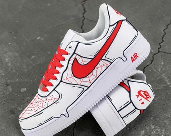 Sneakers AF1 personalizzate con ragnatela, design rosso e nero dipinto a mano, sneakers streetwear artistiche, scarpe con ragnatela uniche