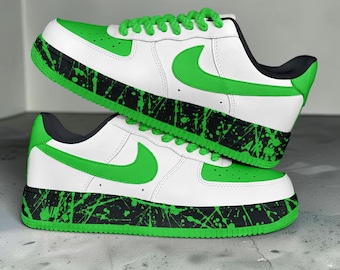 Custom Green Splatter AF1 Sneakers, Hand Painted Green and White Sneakers, Paint Splatter Sneakers, Unique Gift for Men and Women.