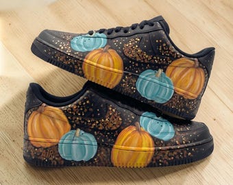 Custom Pumpkin Black AF1 Sneakers, Hand Painted Orange and Teal Pumpkins Shoes, Fall Theme Sneakers, Unique Autumn Gift for Her Him.