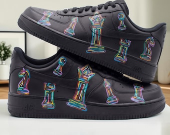 Custom Chess Black AF1 Sneakers, Hand Painted Neon Chess Piece Sneakers, Unique Strategy Game Shoes, Chess Player Gift.