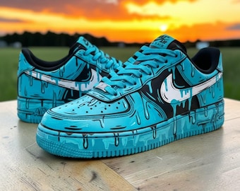 Custom Blue Cartoon Drip AF1 Sneakers, Hand Painted Cyan Blue Comic Style Sneakers, Black and Blue AF1, Unique Gift for Teens.