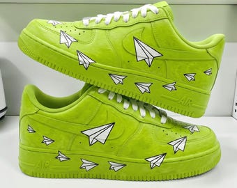 Custom Lime Green AF1 Sneakers, Hand Painted Paper Plane Shoes, Neon Green and White Shoes, Unique Gift Him Her.