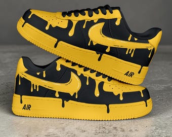 Custom Yellow Black Drip AF1 Sneakers: Hand-Painted Matte Black and Yellow Streetwear Shoes,Gift for Him Her.
