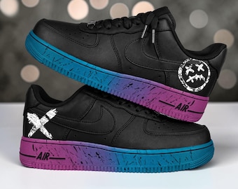 Custom Blue and Pink AF1 Sneakers, Hand Painted Black Shoes with Neon Gradient, Magenta to Blue Gradient Sneakers, Unique Gift for Him Her.