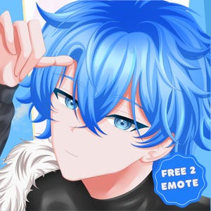 May include: Anime-style illustration of a character with bright blue hair and eyes. The character is wearing a black top with a white fur collar. A blue circle with the text "FREE 2 EMOTE" is in the bottom right corner.