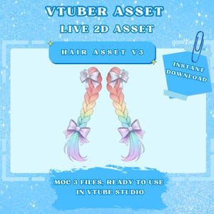Könnte beinhalten: Digitale Illustration von zwei geflochtenen Frisuren in Pastell-Regenbogenfarben, verziert mit Schleifen. Der Text enthält "VTUBER ASSET", "LIVE 2D ASSET", "HAIR ASSET V3", "INSTANT DOWNLOAD" und "MOC 3 FILES, READY TO USE IN VTUBE STUDIO".