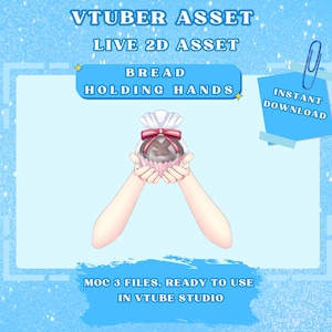 May include: A digital asset for VTubers featuring a loaf of bread held in hands. The bread is wrapped in clear cellophane and tied with a pink ribbon. Text includes "VTUBER ASSET", "LIVE 2D ASSET", "BREAD HOLDING HANDS", and "INSTANT DOWNLOAD".