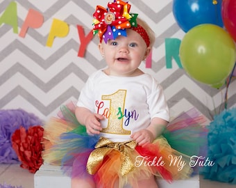 Rainbow Birthday Tutu Outfit-Golden Rainbow Birthday Tutu Set-Rainbow and Gold Birthday Tutu Outfit-Rainbow Baby Birthday *Bow NOT Included*