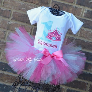 Under the Big Top Circus Tent Carnival Themed Birthday Tutu Outfit with Birthday Number-Dark Pink, Pink, and Aqua Circus Carnival Outfit