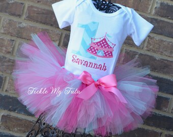 Under the Big Top Circus Tent Carnival Themed Birthday Tutu Outfit with Birthday Number-Dark Pink, Pink, and Aqua Circus Carnival Outfit