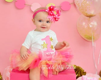 Twinkle Twinkle Little Star Birthday Tutu Outfit in Dark Pink, Pink, and Gold-First Birthday Twinkle Star Party Outfit-*Bow NOT Included*