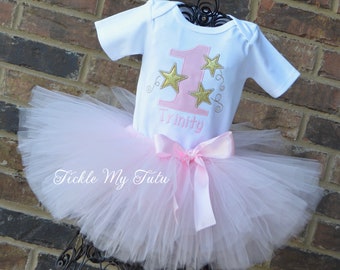 Twinkle Twinkle Little Star Birthday Tutu Outfit in Light Pink and Gold-First Birthday Twinkle Star Party Outfit-Baby Girls Star Party