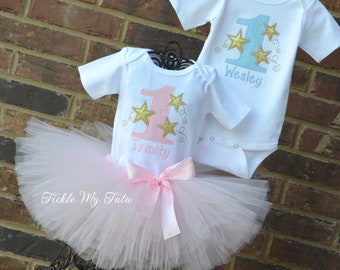 Boy/Girl Twin Twinkle Twinkle Little Star Birthday Party Outfits-First Birthday Star Party Outfit-Pink and Blue Star Birthday Outfits