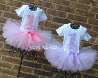 Trajes de cumpleaños para niñas gemelas-Trajes de tutú rosa y lila para niñas gemelas-Trajes de cumpleaños de princesa gemela-Trajes de fiesta de lunares para niñas gemelas
