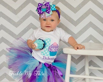 Cupcake Swirl "Delanie"  Birthday Tutu Outfit- First Birthday Cupcake Tutu Set-Purple and Turquoise Birthday Outfit *Bow NOT Included*