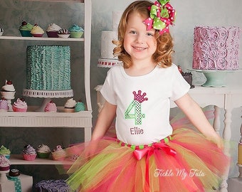Diva Princess Number Crown Birthday Tutu Outfit-Hot Pink and Lime Princess Party-Princess Crown Birthday Tutu Outfit *Bow NOT Included*