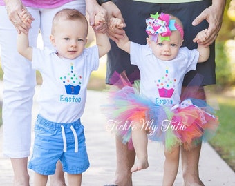 Boy/Girl Twin Cupcake Birthday Outfits-Twin Cupcake Birthday Outfit-Cupcake Sprinkles Birthday Tutu Set-Twin Birthday Set *Bow NOT Included*