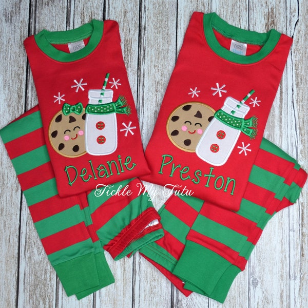 Christmas Pajamas-Sibling Christmas Pajamas-Monogrammed Appliquéd Pajamas-Cookies with Milk Pajamas-Infant/Children-Choose Boys or Girls