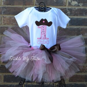 Cowgirl Cutie Pink and Brown Birthday Tutu Outfit-Cowgirl Party Outfit-Cowgirl Party Tutu Set-First Birthday Farm Cowgirl Outfit image 2