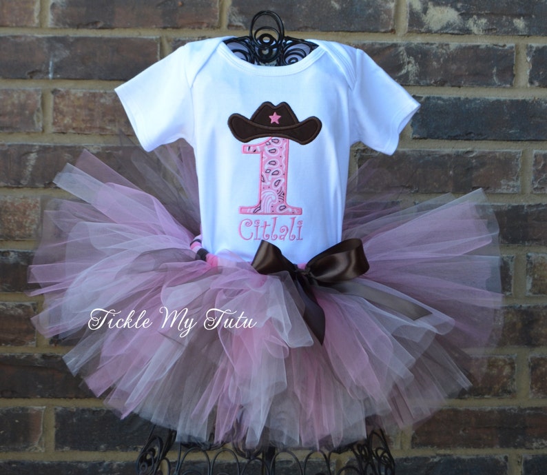 Cowgirl Cutie Pink and Brown Birthday Tutu Outfit-Cowgirl Party Outfit-Cowgirl Party Tutu Set-First Birthday Farm Cowgirl Outfit image 2