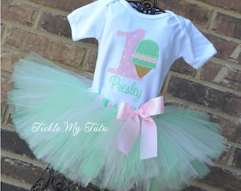 Ice Cream Party Birthday Tutu Outfit-Ice Cream Birthday Party Tutu Set-First Birthday Ice Cream Party Outfit-Light Pink and Mint