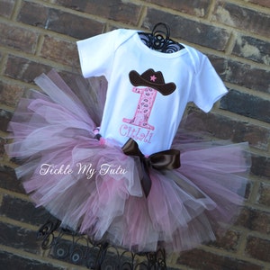 Cowgirl Cutie Pink and Brown Birthday Tutu Outfit-Cowgirl Party Outfit-Cowgirl Party Tutu Set-First Birthday Farm Cowgirl Outfit image 1