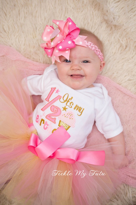 Girls First 1/2 Birthday Tutu Outfit, Baby Girl Pink Gold Half