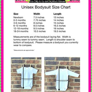 Puede incluir: Tabla de tallas de body unisex con medidas en pulgadas para reci&eacute;n nacidos hasta 18-24 meses. La tabla incluye medidas de ancho y largo para cada talla. Dos im&aacute;genes muestran un body colgado en un tendedero.