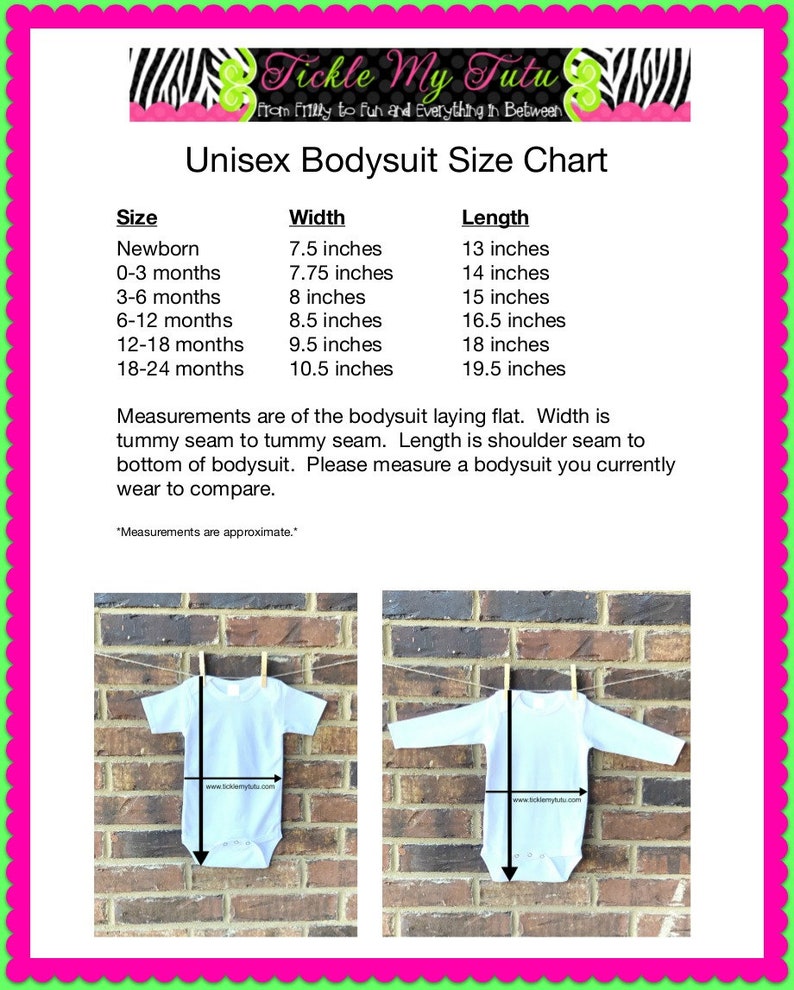 Puede incluir: Tabla de tallas de body unisex con medidas en pulgadas para reci&eacute;n nacidos hasta 18-24 meses. La tabla incluye medidas de ancho y largo para cada talla. Dos im&aacute;genes muestran un body colgado en un tendedero.