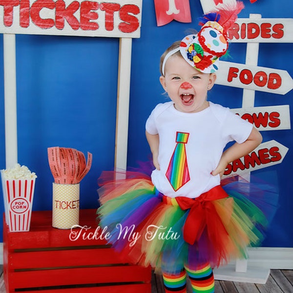 Rainbow Circus Clown TWO PIECE Tutu Costume Halloween Costume for Baby Toddler Girls (Includes shirt and tutu)