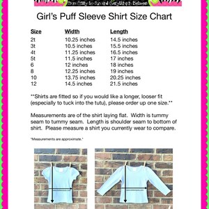 May include: Size chart for girls' puff sleeve shirts with measurements in inches. The chart shows the width and length of the shirts for sizes 2T through 12. The chart also includes a note about ordering up a size for a looser fit.