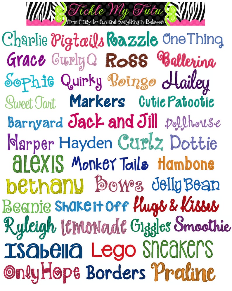 Puede incluir: Una lista colorida de nombres con temas l&uacute;dicos y caprichosos, como "Pigtails", "Razzle", "CurlyQ", "Boingo", "Sweet Tart", "Markers", "Jack and Jill", "Monkey Tails", "Bows", "Shake it Off", "Lemonade", "Giggles", "Lego", "Only Hope" y "Borders".