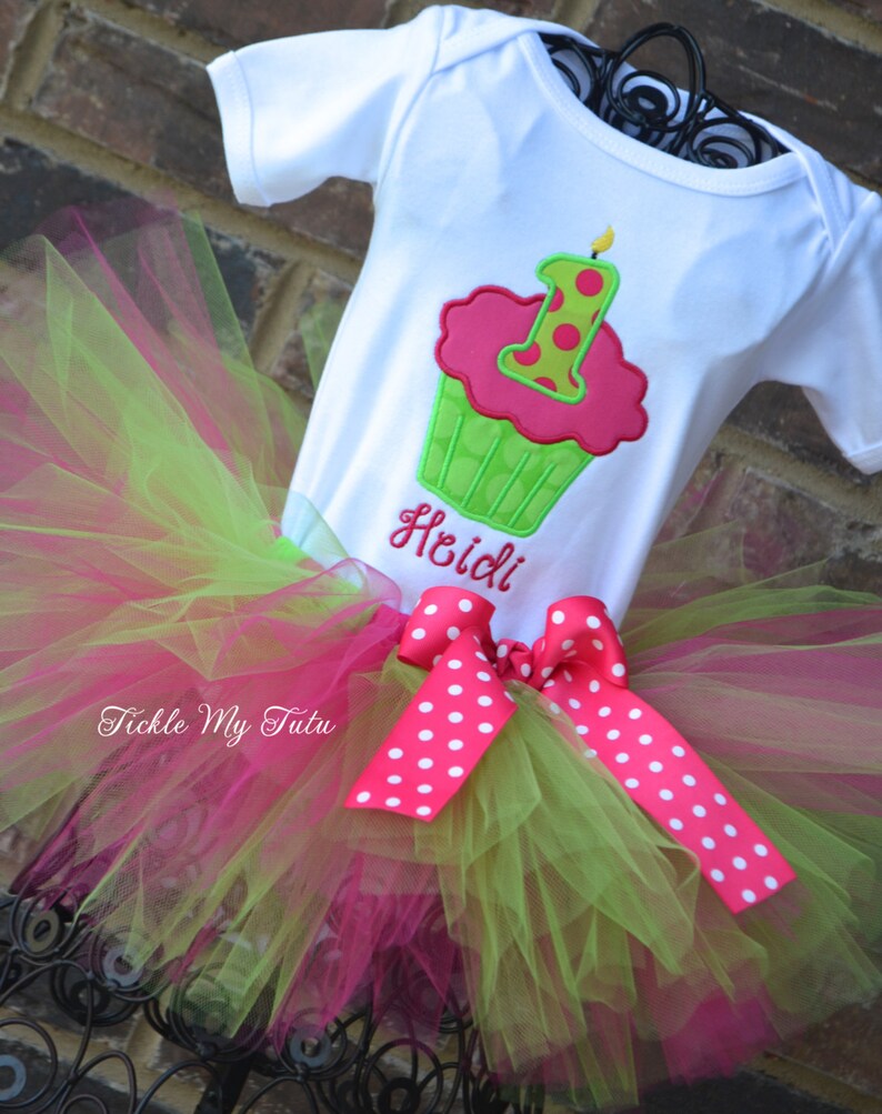Lime and Hot Pink Cupcake Number Candle Birthday Tutu Outfit-Cupcake Birthday Tutu Set-Lime and Hot Pink Birthday Tutu Outfit