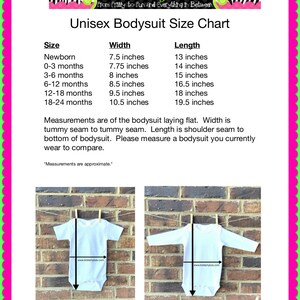 May include: Unisex bodysuit size chart with measurements in inches for newborn to 18-24 months. The chart includes width and length measurements for each size. Two images show a bodysuit hanging on a clothesline.