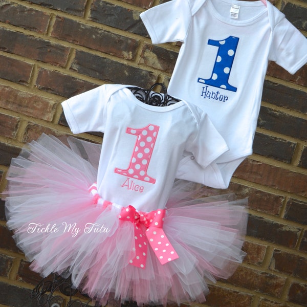 Boy/Girl Twin Blue and Pink Polka Dot Party Themed Birthday Outfits-Twin Polka Dot Outfits-Pink and Blue Polka Dot Twin Birthday Sets