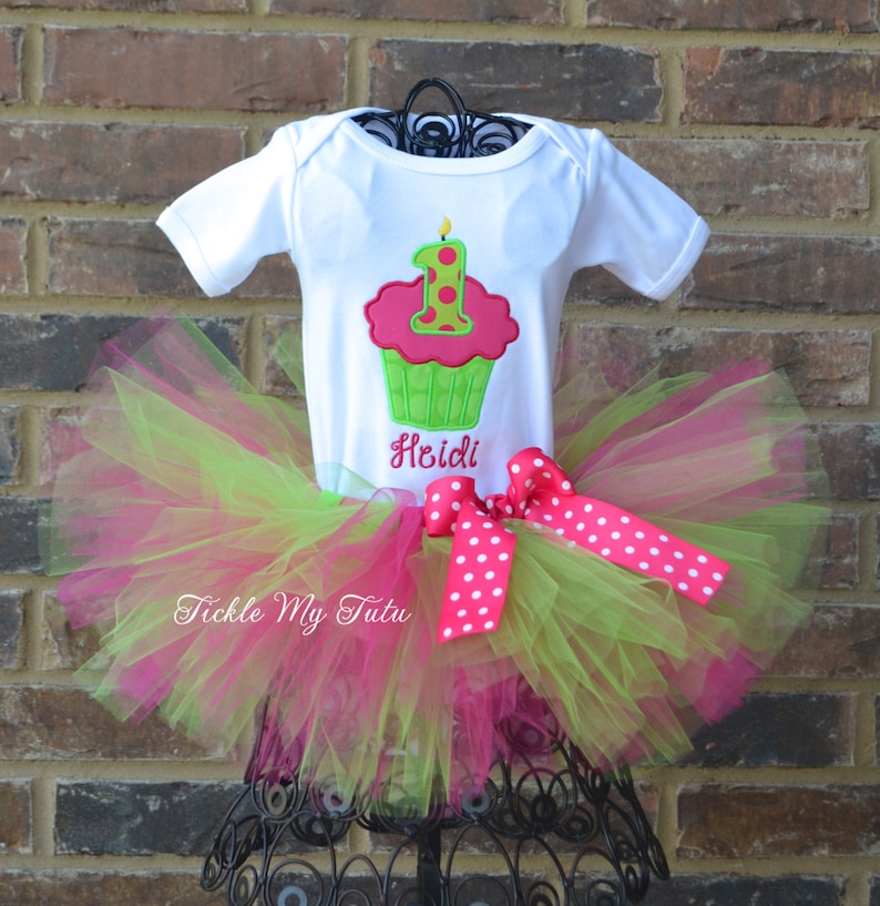 Lime and Hot Pink Cupcake Number Candle Birthday Tutu Outfit-Cupcake Birthday Tutu Set-Lime and Hot Pink Birthday Tutu Outfit