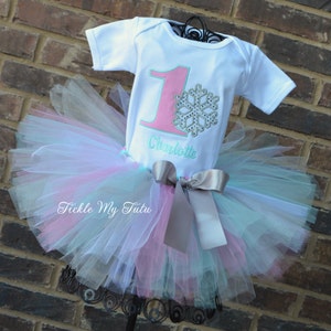 Winter ONEderland Pink and Aqua Snowflake Winter Themed Birthday Tutu Outfit-Snowflake Princess Tutu Set-Snowflake Birthday Tutu