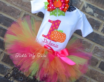 Little Pumpkin Birthday Tutu Outfit-Hot Pink Orange Lime Pumpkin Tutu Outfit-Pumpkin Patch Birthday Outfit *Bow NOT Included*