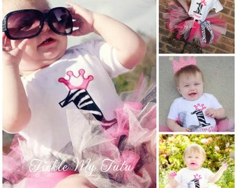 Hot Pink and Zebra Print Birthday Number Crown Tutu Outfit-Zebra Print Birthday Tutu Set-Hot Pink and Zebra Princess Tutu Set