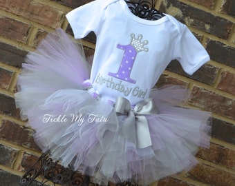 Lilac Polka Dot and Silver Birthday Number Crown Tutu Outfit-Purple Princess Birthday Outfit-Lilac and Silver Princess Tutu