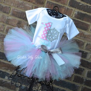 Winter ONEderland Pink and Aqua Polkadot Snowflake Winter Themed Birthday Tutu Outfit-Snowflake Princess Birthday Tutu Set-Winter ONEderland