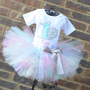 Winter ONEderland Outfit-Aqua Dot and Pink Snowflake Winter Themed Birthday Tutu Outfit-Snowflake Princess Tutu Outfit-Snowflake Party Set