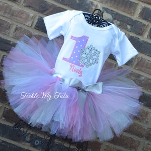 Winter ONEderland Lilac Dot and Pink Snowflake Winter Themed Birthday Tutu Outfit, Snowflake Princess Tutu Set, Snowflake Birthday Outfit